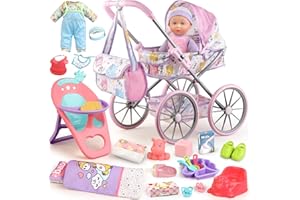 YIYBM Baby Doll Stroller Playset for Girls Toddlers 3-5 4-6 5-7 Year Old to Play House Games. Stroller Toy with 12.5" Baby Doll, Dining Chair, Quilt Pillow, 24 PCS Doll Accessories and 2 Sets Clothes.