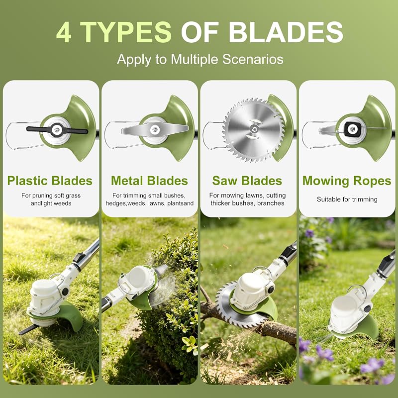 Elektrischer Rasentrimmer mit Akku und Ladegerät - Rasentrimmer mit 2 Akkus 4 Messertypen und Rädern - Teleskop Freischneider mit Unkrautbürste - Cordless Grass Trimmer für Höfe, Gärten (Beige)