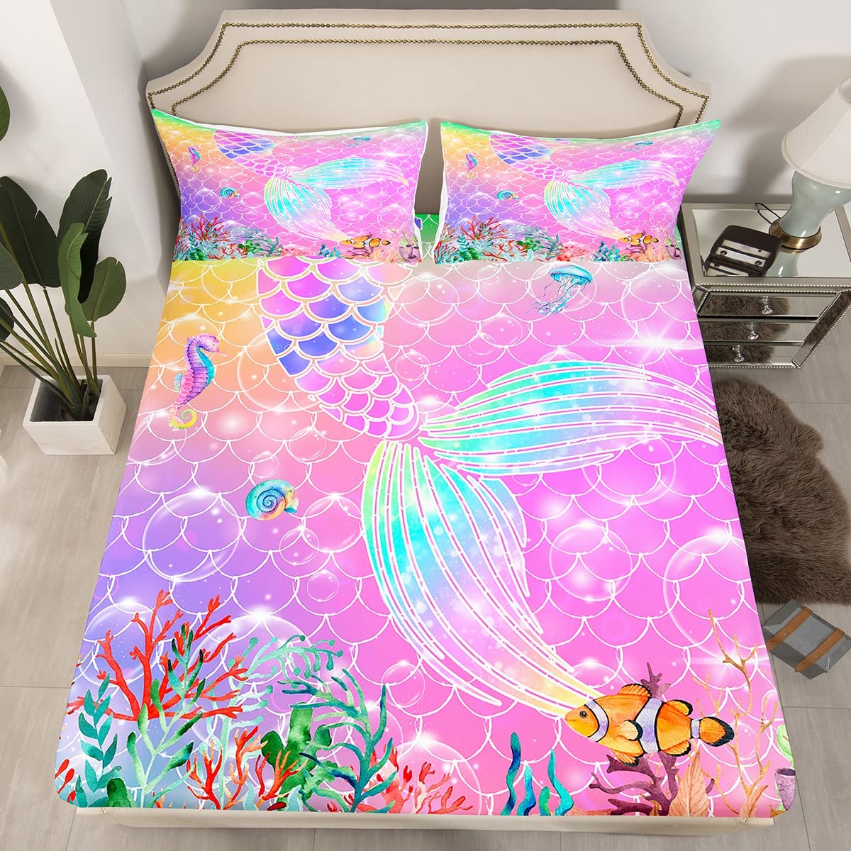 Mermaid Fitted Sheet Double Size, Colorful Fish Scale Bedding Set 3pcs for Kids Boys Girls, Fish Seahorse Jellyfish Conch Bed Cover with 2 Pillowcases, Soft Polyester Bedding