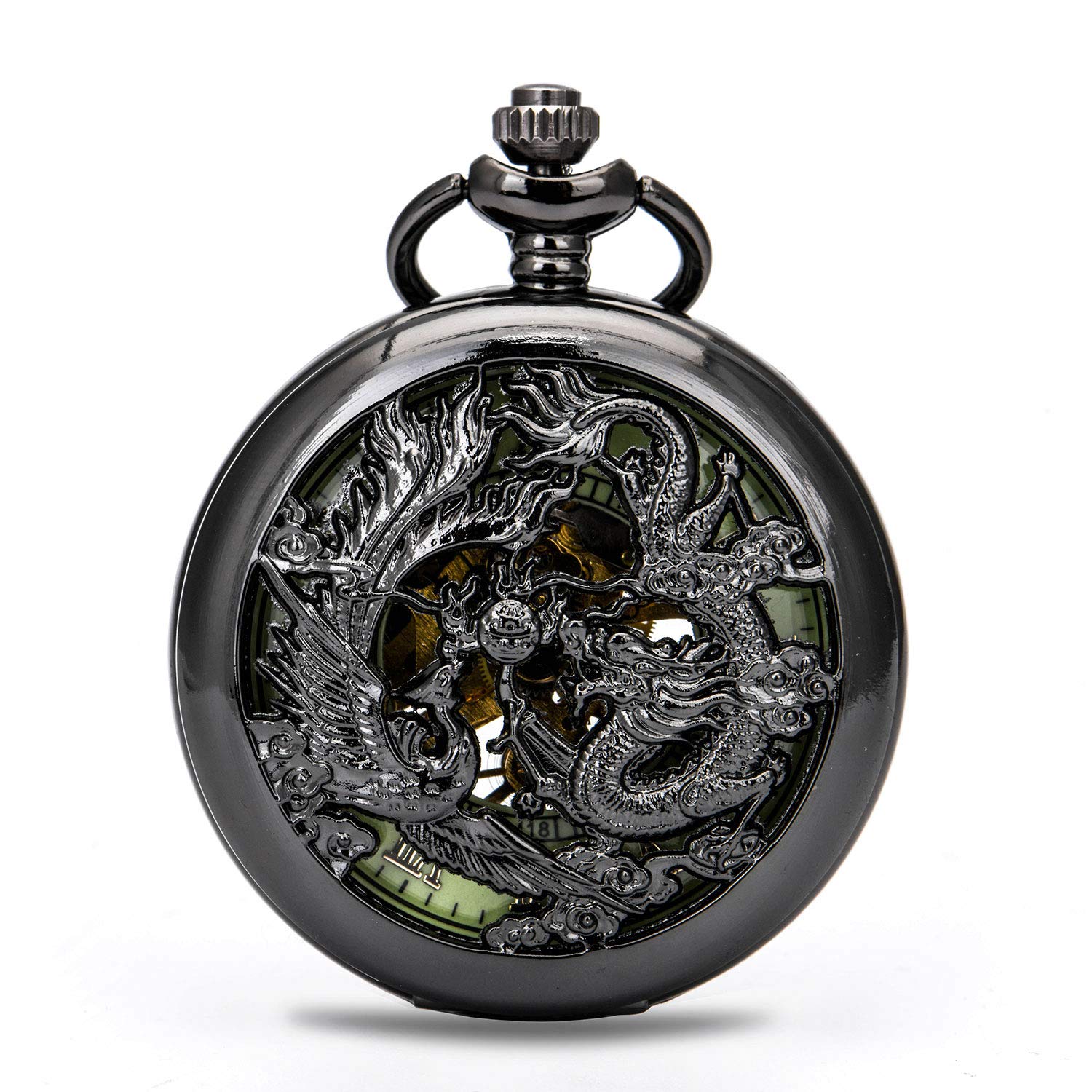 BOSHIYA Mens Vintage Skeleton Pocket Watch Steampunk Windup Half Hunter Mechanism Gear Cover with Chain, Dragon and phoenix, L, Mechanical
