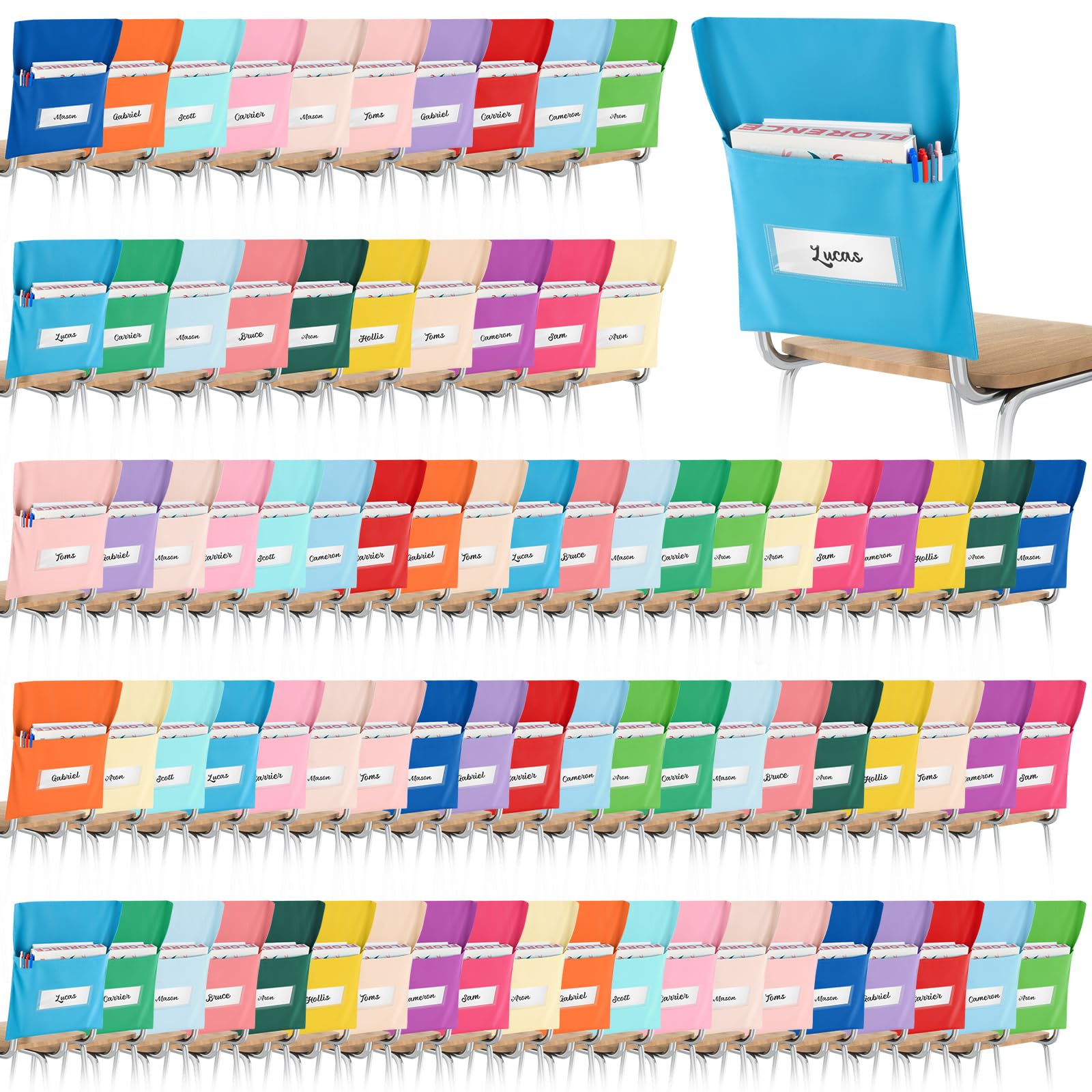 Photo 1 of Chapou 80 Pcs Chair Pockets for Classroom Chairback Pocket Chart 14 x 18 Inch Desk Organizer Pocket Chair Bag for Seat School Classroom (Classic,Bright)