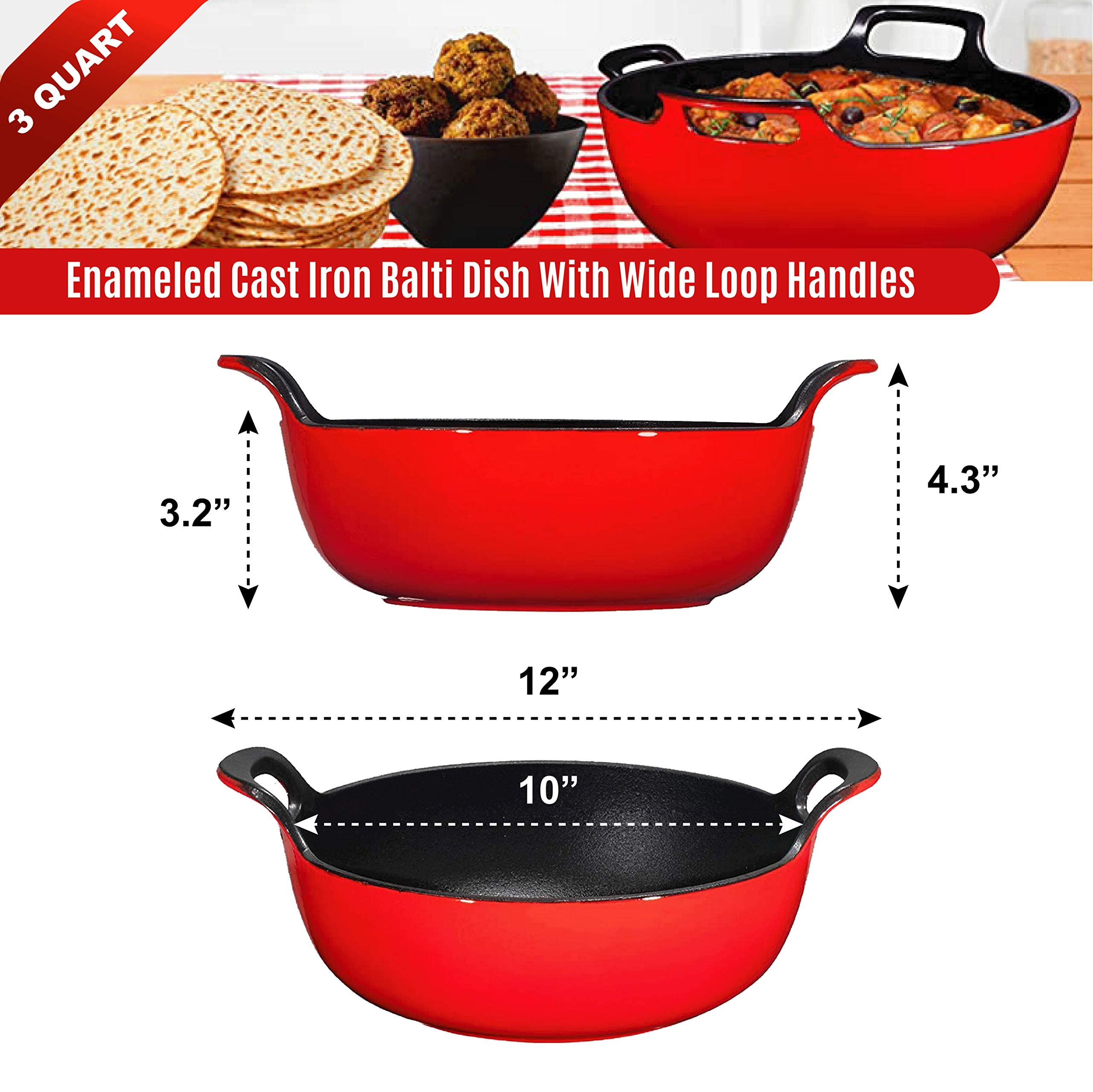 Bruntmor 3 Quart Red Enameled Cast Iron Wok, Cast Iron Wok, Pot Dish, Cast Iron Biryani Pot, 3qt Instant Pot Bakeware Sets, Stove and Oven Safe