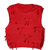 WDIRARA Women's Bow Sweater Vest Crochet Crew Neck Sleeveless Crop Knit Tank Tops