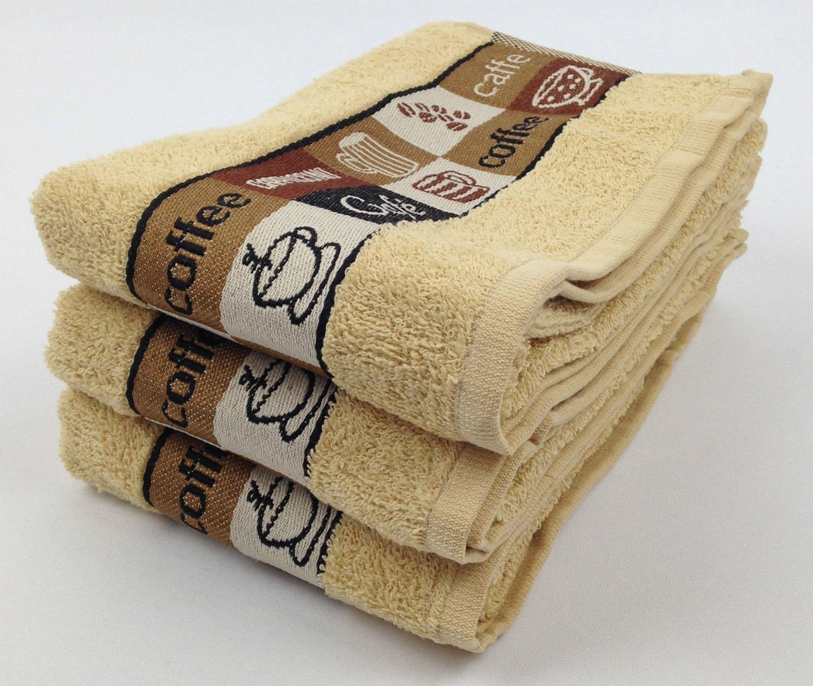 Riggs 3 PACK Kitchen Hand Tea Towel, Cafe Cafe Coffee Cups (Beige)
