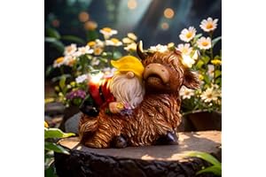 twinbling Garden Gnome Statue - Highland Cow with Solar Flower LED Lights and Bird - Funny Outdoor Decor for Table, Patio, Lawn - Unique Birthday Gifts for Mom, Women, and Christmas Decorations