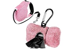 LEIFIDE 2 Pack Rhinestone Retractable Dog Leash and Bag Holder Set Pink Bling Bone Shaped Pet Waste Bags Dispenser with Metal