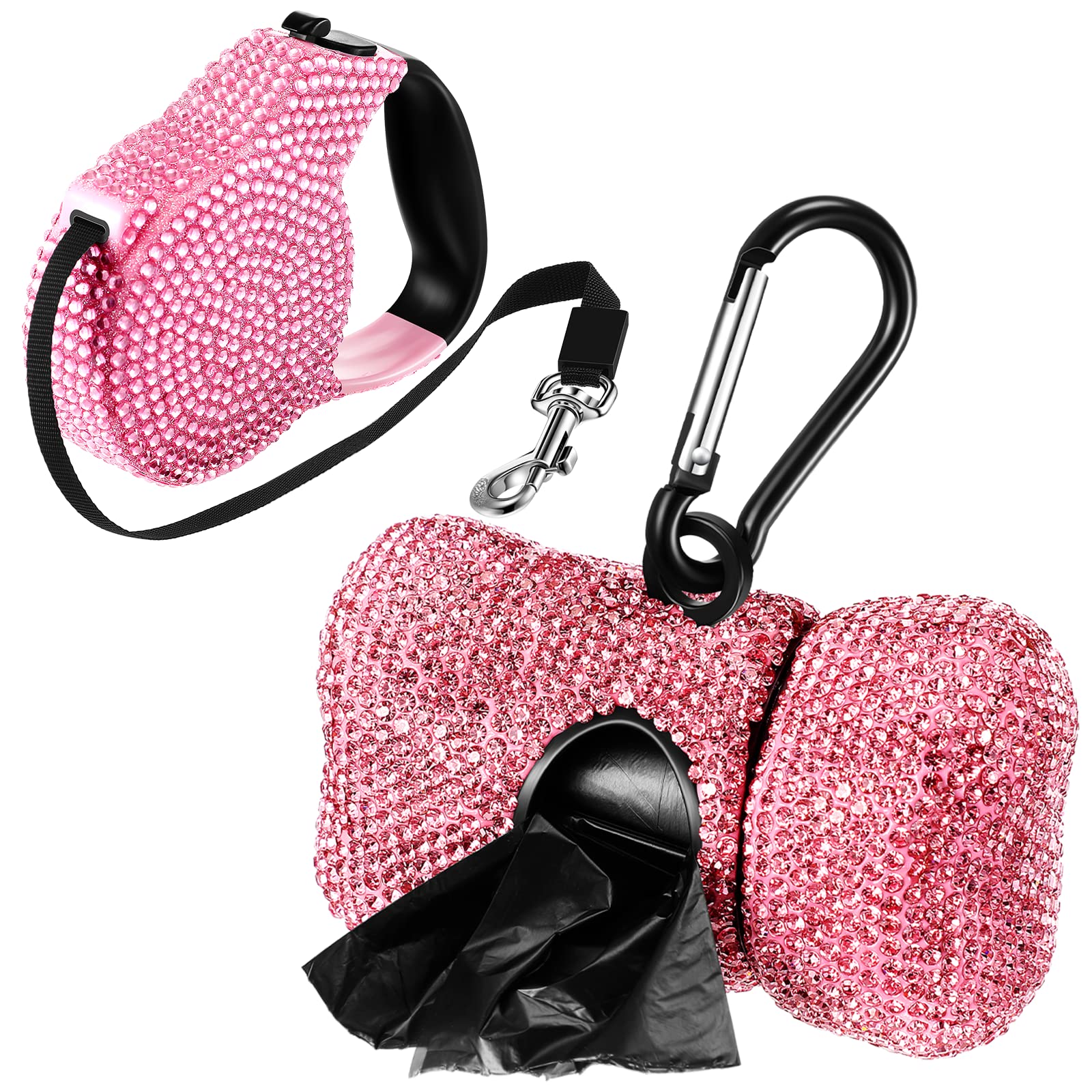Photo 1 of 2 Pack Rhinestone Retractable Dog Leash and Dog Bag Holder Set Pink Bling Bone Shaped Pet Waste Bags Dispenser with Metal Clip Heavy Duty Dog Leash for Most Dogs Puppy