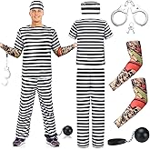 Liitrsh 4 Pcs Halloween Prisoner Costume Striped Prison Jumpsuit with Tattoo Sleeves Handcuff and Foot Cuff