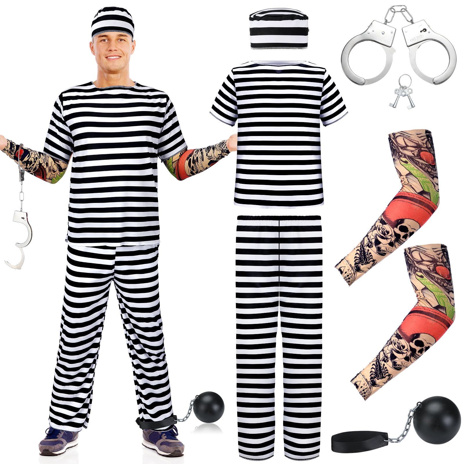 Photo 1 of ***MISSING PIECES***** Liitrsh 4 Pcs Halloween Prisoner Costume Striped Prison Jumpsuit with Tattoo Sleeves Handcuff and Foot Cuff(Small)
