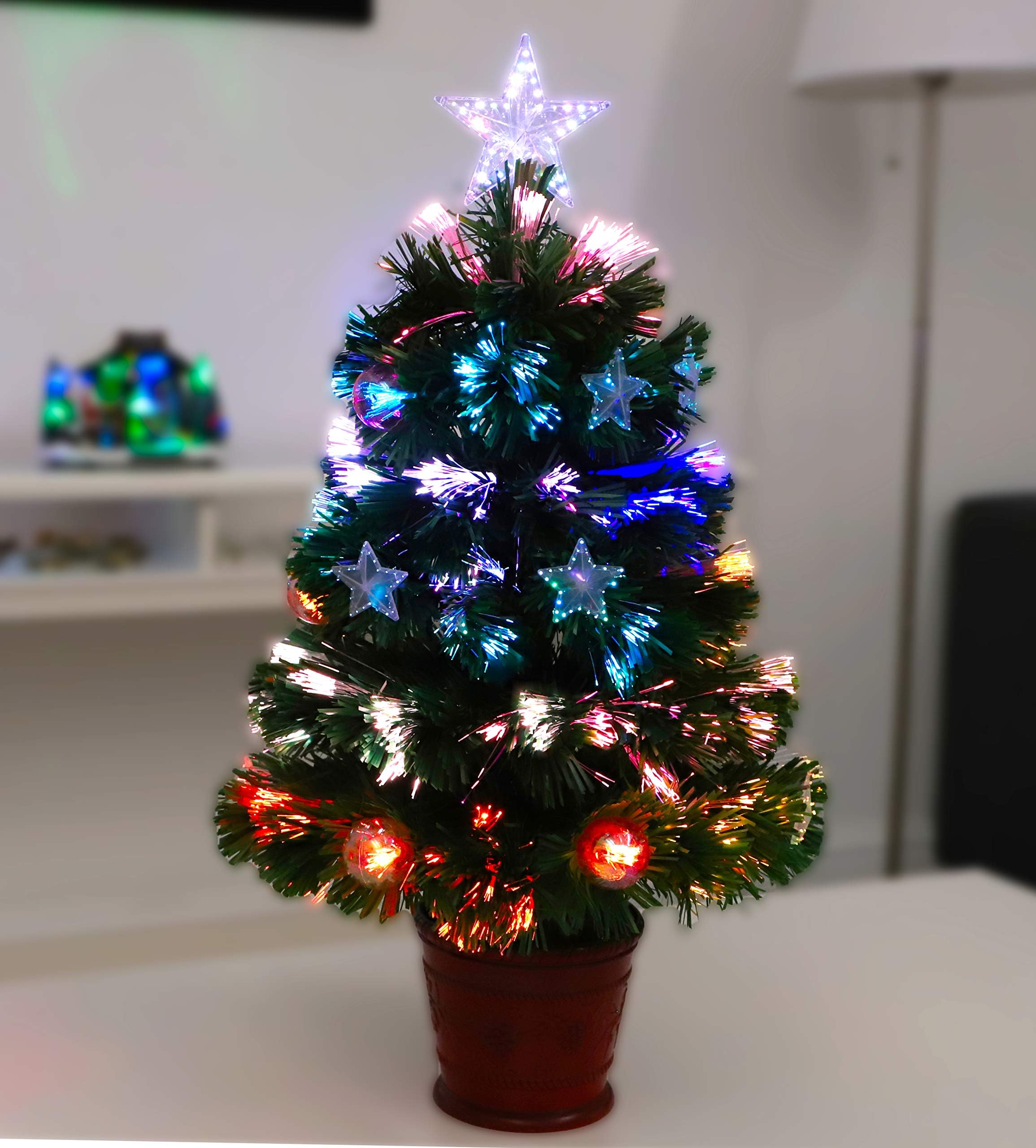 Christmas Concepts® 60cm (2ft) Green Fibre Optic Christmas Tree With Stars, Baubles And Red Base
