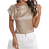 SOLY HUX Women's Metallic Tops Bow Tie Mock Neck Cap Sleeve Elegant Blouse
