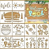 12Pcs Summer Stencils for Door Mats Reusable Hello Summer Beach Welcome Stencils for Painting Hawaii Camper Drawing Templates for Painting on Wood Signs Doormat Door Hanger Canvas DIY Art Crafts