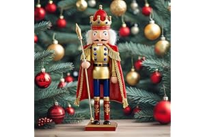 JIJUGFD Royal Nutcracker Decoration, Wooden Hand-Painted Christmas Figure, Red and Gold Crown, 15 Inch Traditional Holiday Co