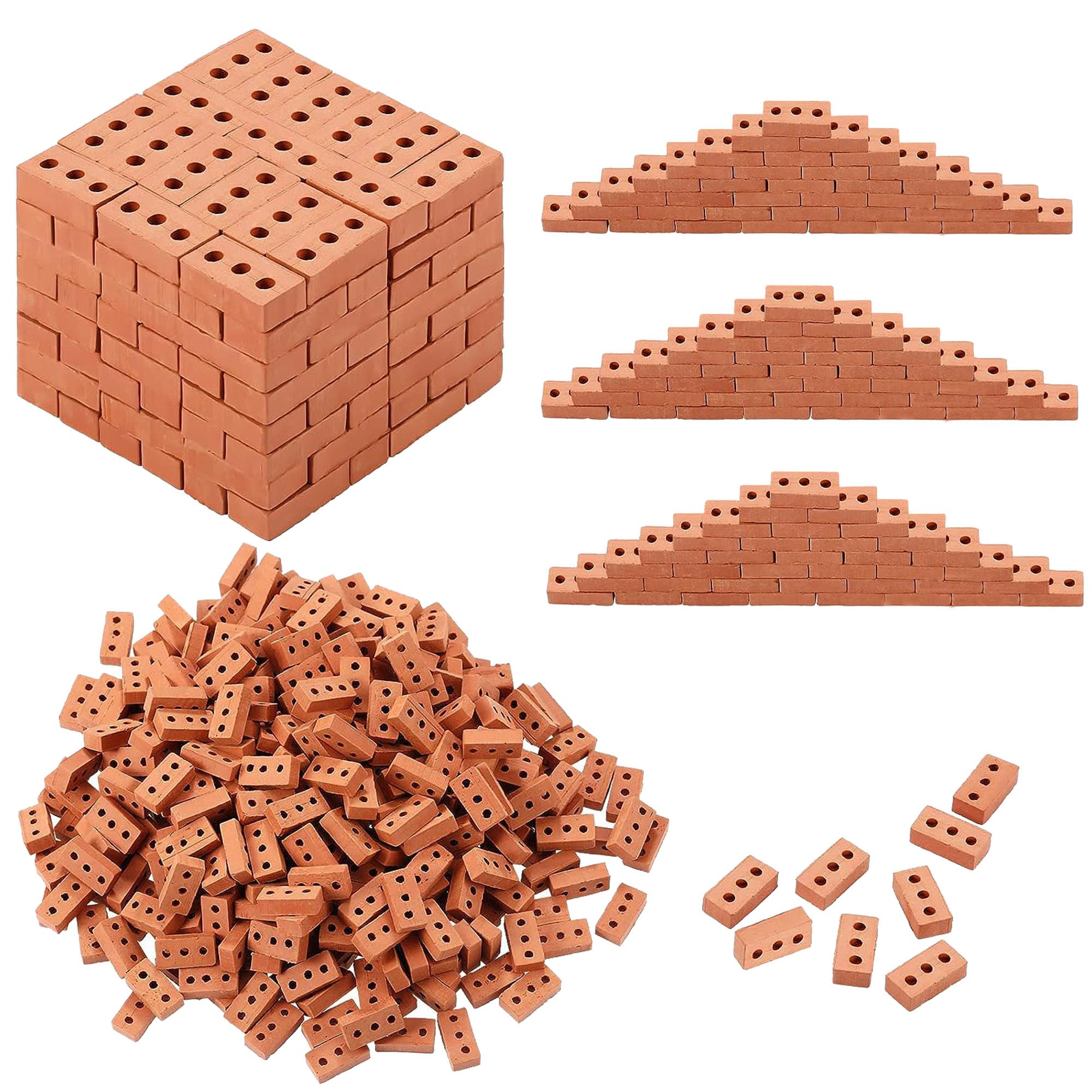 Woohome 100 PCS Mini Bricks Tiny Bricks for Landscaping Miniature Bricks Small Bricks for Crafts Realistic Fake Bricks Mini Blocks for Dollhouse Mini Garden Accessories (3 Holes Mini Red)