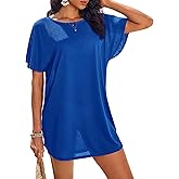 AI'MAGE Women's Swimsuit Coverup Ruffle Sleeve Bathing Suit Beach Cover Up Back Hollow Bikini T-Shirt Dress S-2XL