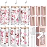 Yetene 6 Pcs Coquette Bow Aesthetic Cup with Gift Box 16 oz Cowgirl Pink Bow Glass Cup with Lid and Straw Iced Coffee Tumbler Cowgirl Gifts Drinking Jar for Women Friend Sister Girlfriend