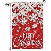 Heyfibro Merry Christmas Garden Flag 12x18 Inch Double Sided Red Winter Snowflake Garden Flags Burlap Seasonal Small Yard Flags for Outside House Farmhouse Holiday Decoration