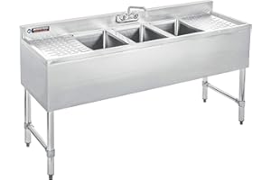 DuraSteel 3 Compartment Under Bar Sink - CEC & NSF 304 Stainless Steel 3 Bay Utility Sink with No Lead Faucet - 60" L x 19" W x 33" H - Double Drainboard Commercial Restaurant Grade