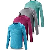 4 Pack: Youth Boys Long Sleeve Shirts Dry Fit Athletic Clothes for Teens, Kids Active Performance Tshirts with Thumb Holes