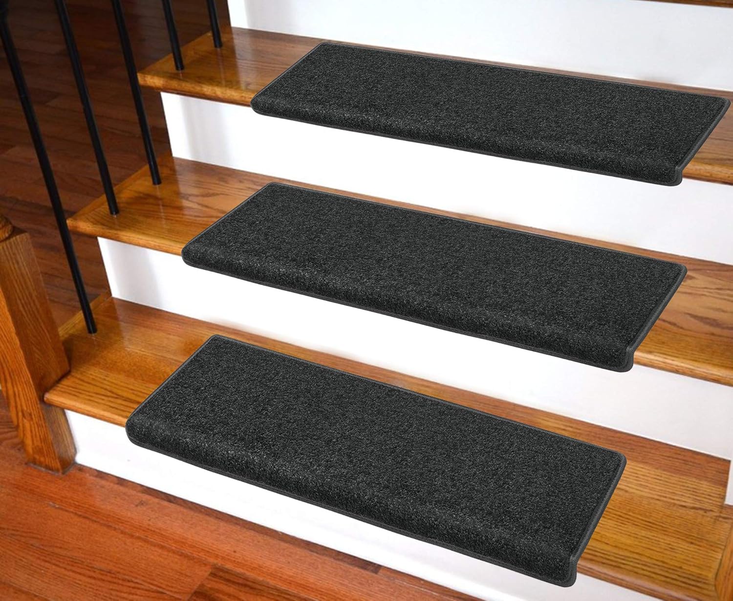 Carpet Stair Treads – Non-Slip Bullnose Carpet for Stairs – Indoor Stair Pads – Self-Adhesive & Easy Installation – Pet & Child Friendly – Skid Resistant & Washable – 14- Pack Black 10" x 30"x 1.3"