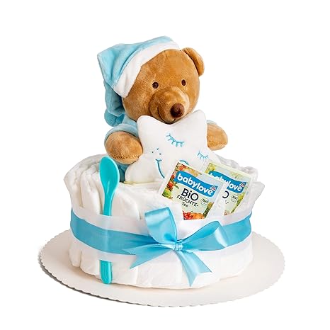 Windeltorte in Blau mit Teddy-Spieluhr von Homery, perfekt als Geschenk für Jungen zur Baby-Party oder Geburt – Handmade fair hergestellt