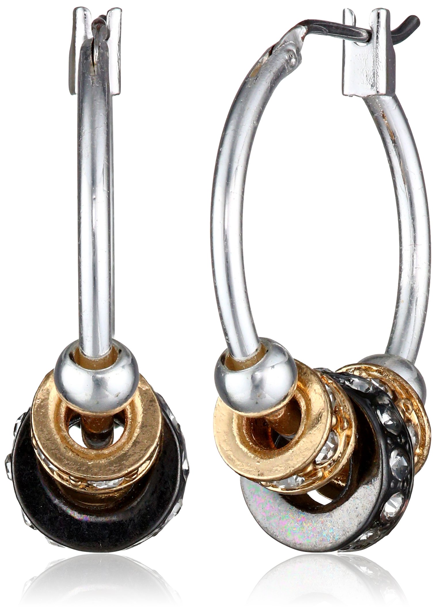 Pendientes de aro de plata Nine West para mujer – Aros de tres tonos de 1 pulgada con elegantes detalles de metal y vidrio – Aros plateados ligeros para uso diario, trabajo y ocasiones especiales