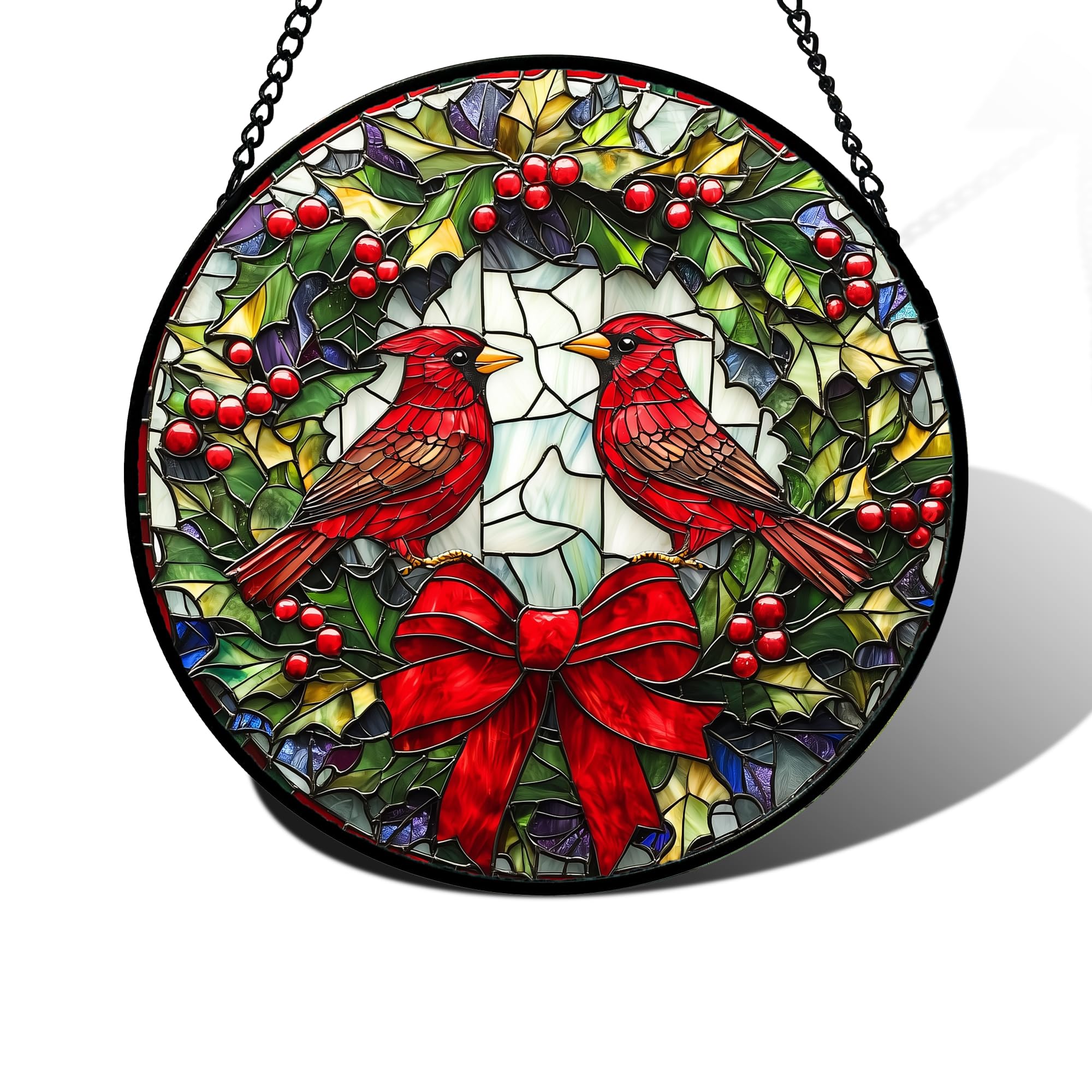 DASTOLL Stained Glass Window Hanging - Cardinals Green Wreath Suncatcher for Doors Home Christmas Decoration Red Bird Sun Catcher Thanksgiving New Year Birthday Gift for Women Men Mom Nana 9.8 in Image