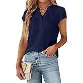 Blooming Jelly Women's Dressy Casual Tops Business Work Blouses White Button Down Shirts Cap Sleeve V Neck Tshirt