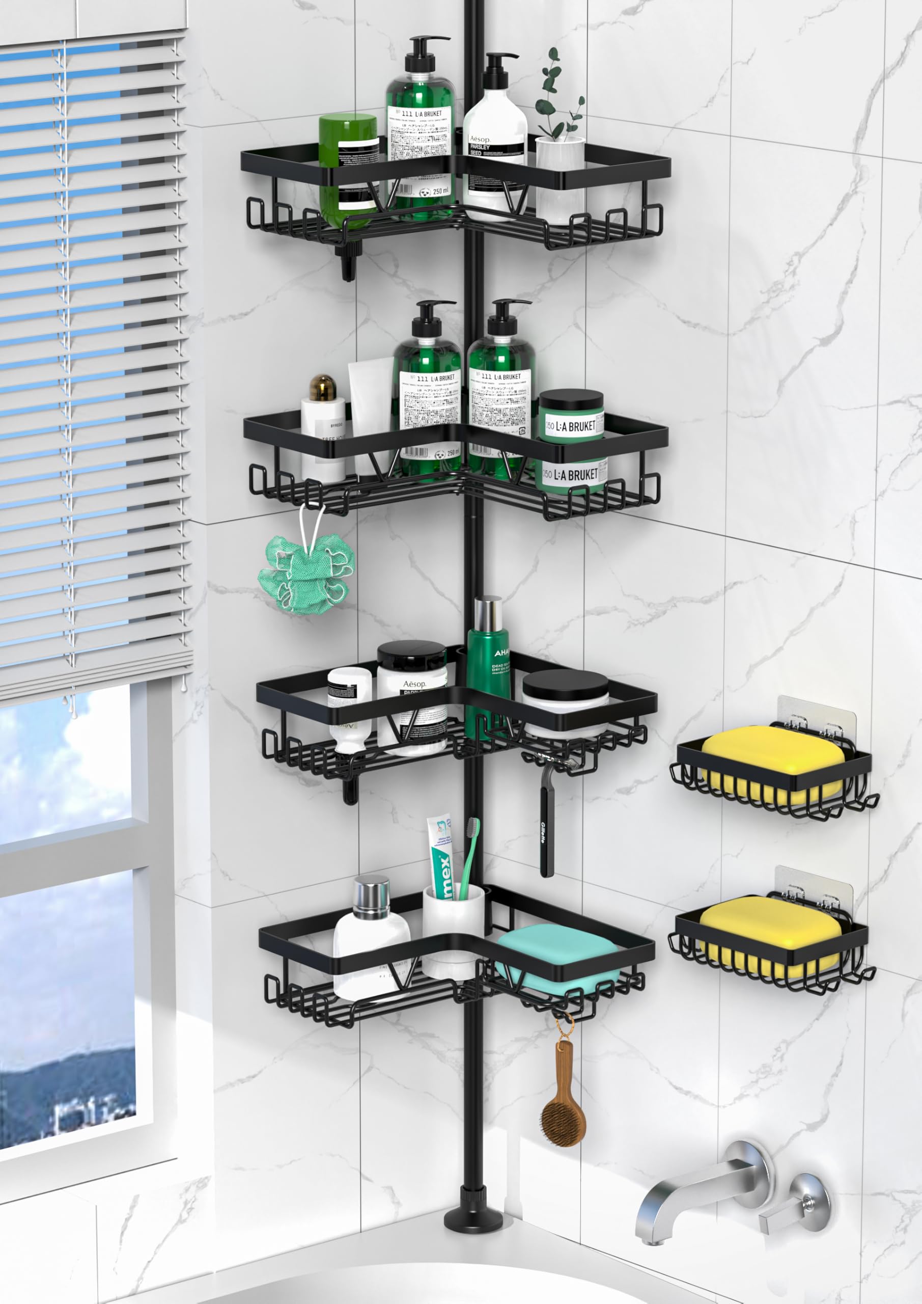 Photo 1 of DAOYA Tension Pole Shower Caddy Corner - 4 Tier Floor to Ceiling Bathroom Shower Organizer 25-112.4 inch Adjustable, Multiple Hooks, 2 Extra Soap Holders, Stable Base, Rustproof, Black