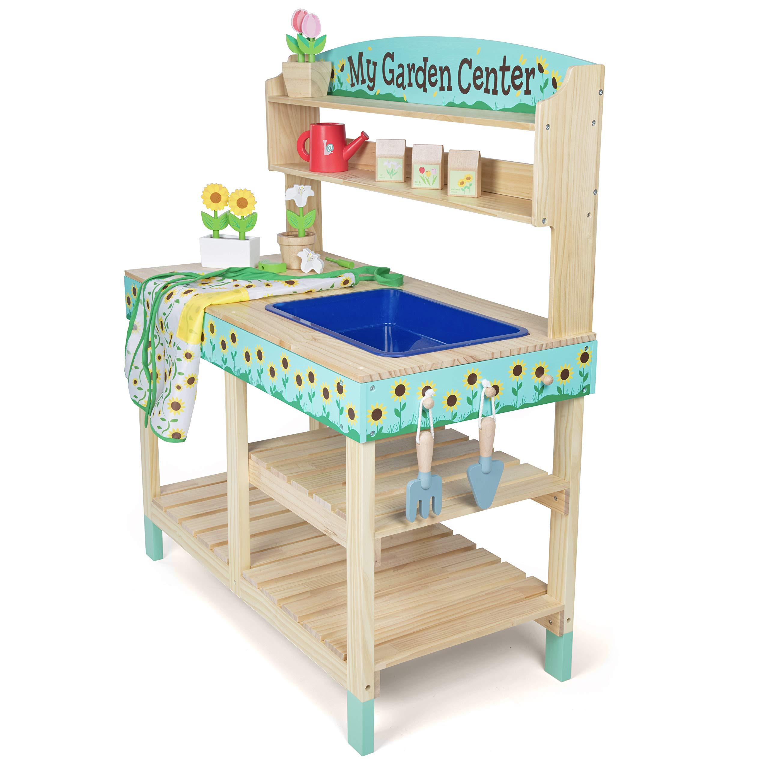 Svan Wooden Toy Gardening Center Indoor Playset - 22 Pc Garden Stand Set w Flowers, Seed Packets, Pots, Shovel Rake Apron Watering Pot- Great Interactive & Fun Pretend Playtime, Gift for Boys Girls