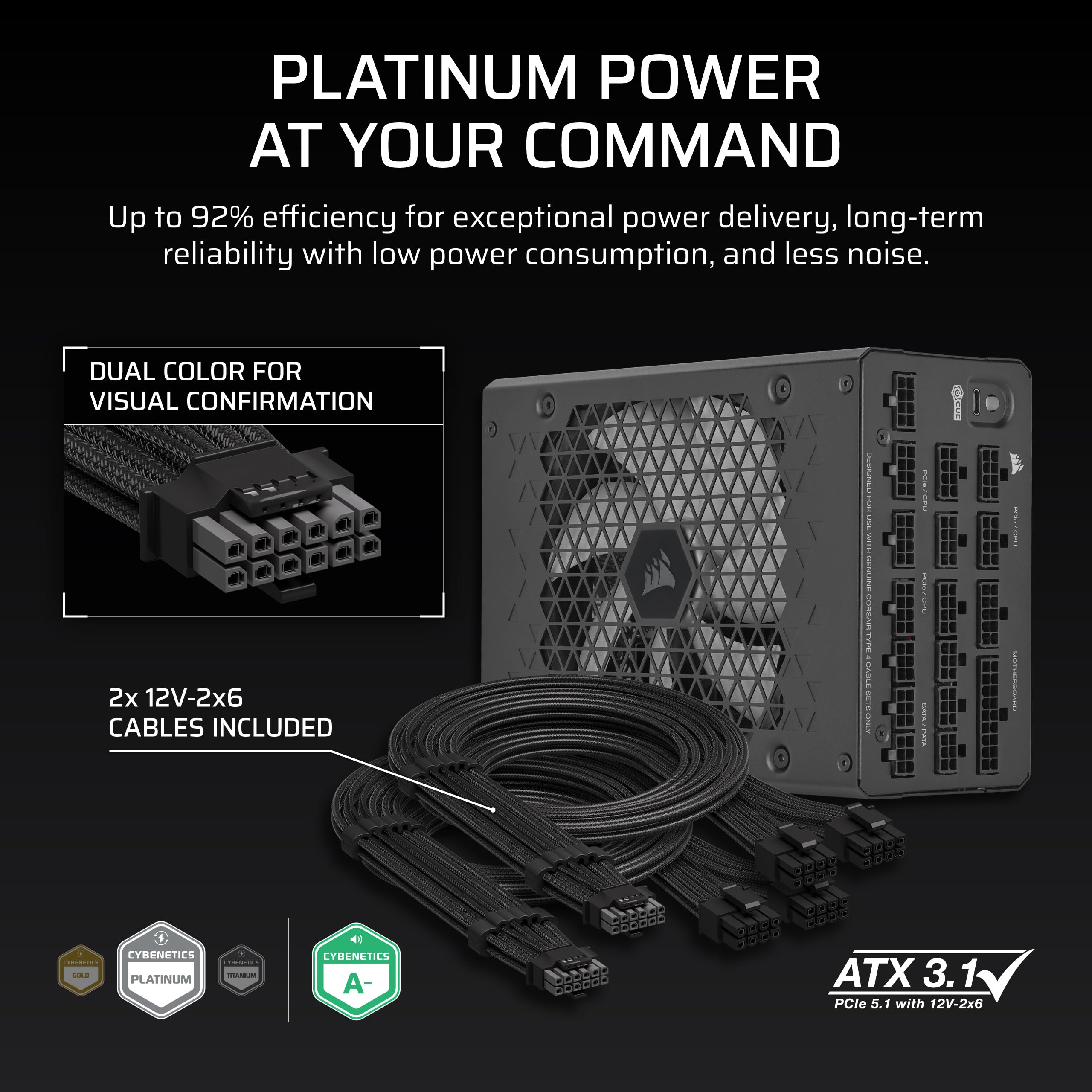 CORSAIR HX1500i (2025) Fully Modular Ultra-Low Noise ATX Power Supply with 12V-2x6 Cable – ATX 3.1 & PCIe 5.1 Compliant, Cybenetics Platinum Efficiency, Fluid Dynamic Bearing Fan – Black