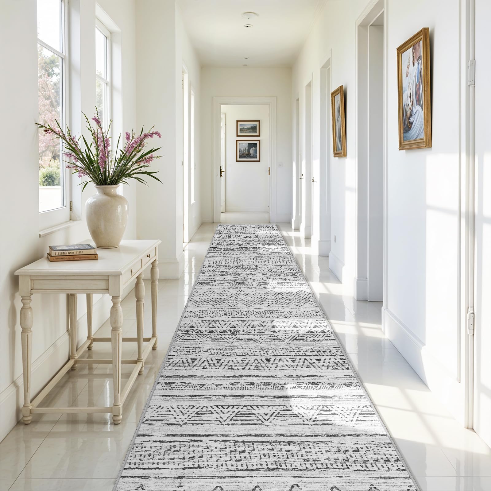 Photo 1 of **DIRT**Ksrau 3x20 Runner Rug Washable - Extra Long Non-Slip Modern Runners for Hallway Soft Moroccan Low Pile Indoor Floor Mat for Living Room Kitchen Waterproof Geometric Runner Rugs Entryway 3x20 Grey