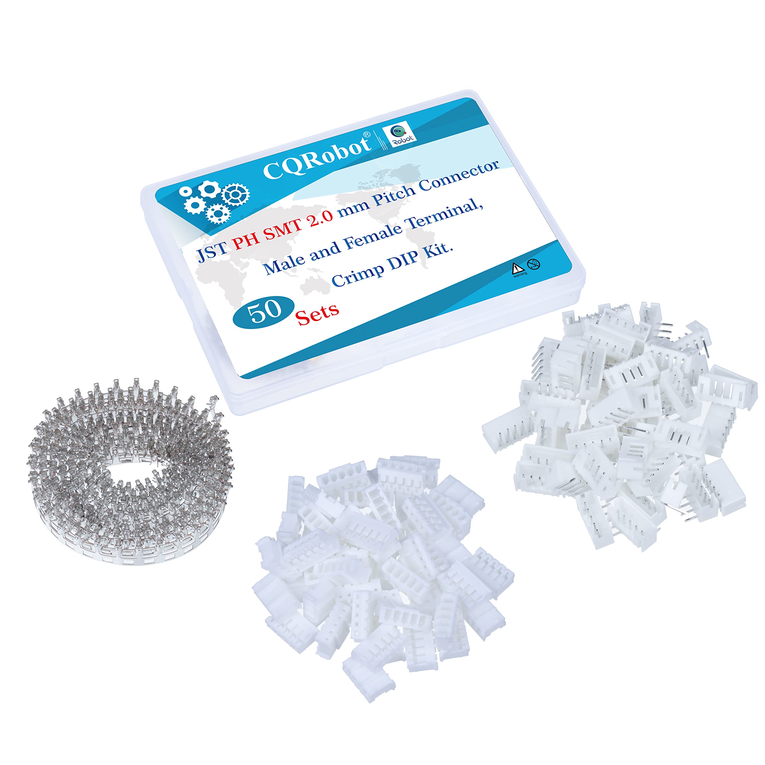 CQRobot JST PH SMD 2.0 mm Pitch 5-Pin Electronic Computer Connector IC Male Plugs, Female Sockets Housing and T-Shaped Crimp Terminal Kit.. 50 Sets/350 Pieces Wire-to-Board Adapter Cable Assembly.