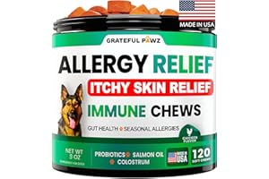 GRATEFUL PAWZ Dog Allergy Relief Chews - Dog Itch Relief - Probiotics, Omega 3 Fish Oil + Colostrum - Itchy Skin - Seasonal Allergies - Anti Itch Support & Hot Spots - Immune Health Supplement - Made in USA