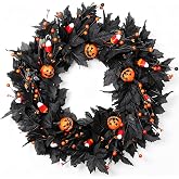 MAINGKAUNG Pumpkin Halloween Wreath 24 Inch Black Maple Leave Wreaths for Front Door with Ghost Pumpkin Orange Berries for Indoor Window Wall Halloween Party