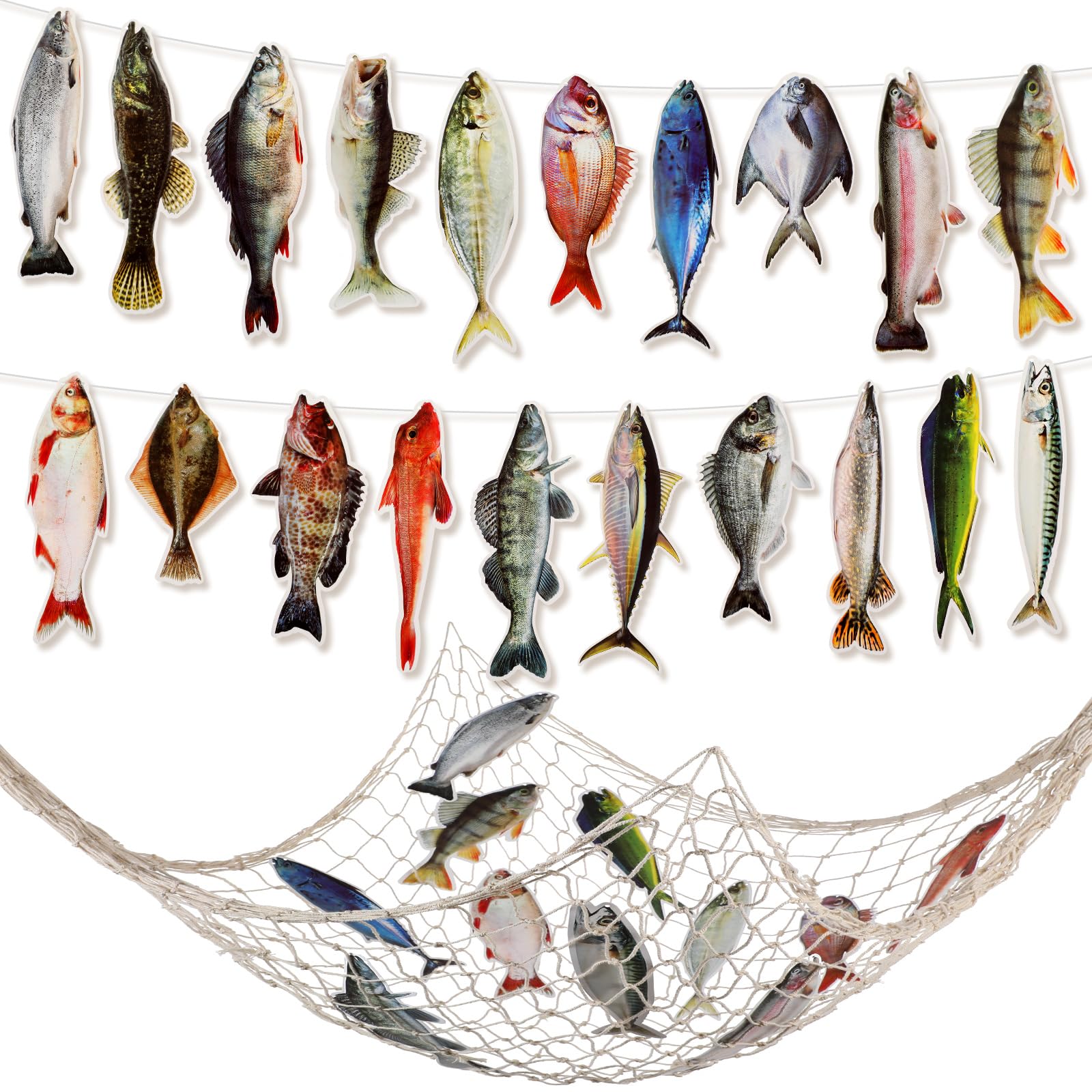 Photo 1 of Glenmal 20 Pcs Fish Birthday Party Decorations Gone Fishing String Hanging Banner with 1 Fish Net for Birthday Engagement Retired Outdoor Game Tournament Barbecue Party Backdrop Decor