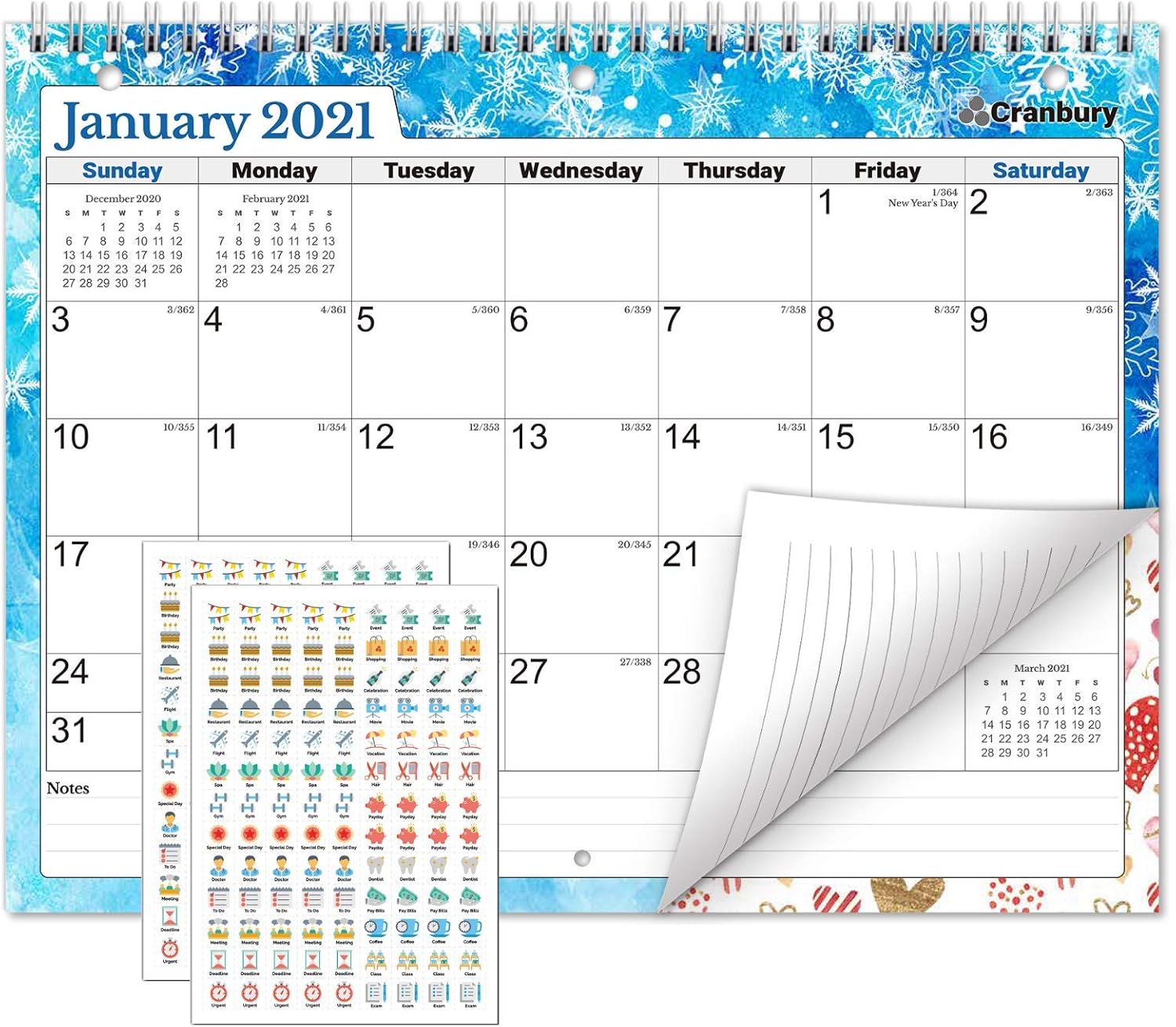 CRANBURY Small Wall Calendar 2020-2021 - (Seasons) Monthly Calendar for Binder, Desk or Wall, 8.5x11, Use to December 2021, School Year Calendar, Includes Stickers for Calendars