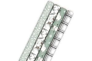 Hallmark Recyclable Neutral Christmas Wrapping Paper (4 Rolls: 100 Sq. Ft. Ttl) White and Sage Green Evergreen Pinecones, Rustic Snowmen, Plaid, Nordic Deer and Foliage