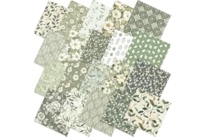 Ganeen 60 Pcs 10 x 10 Inch Sage Green Floral Quilting Fabric Squares Vintage Greenery Fat Patchwork Precut Strips Retro Eucalyptus Printed Fabric Bundles for Holiday DIY Craft Sewing Quilt Material