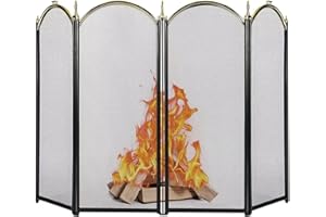 AMAGABELI GARDEN & HOME Decorative Gold Fireplace Screen 4 Panel Folding Ornate Wrought Iron Black Metal Fire Place Free Standing Gate Large Mesh Solid Steel Spark Guard Cover Outdoor Accessories