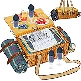 HYBDAMAI Picnic Basket for 4 with Folding Table, Large Wicker Picnic Basket Set with Waterproof Blanket and Wine Pouch, Insulated Willow Hamper with Cutlery Kit for Camping, Couples, Wedding Gift