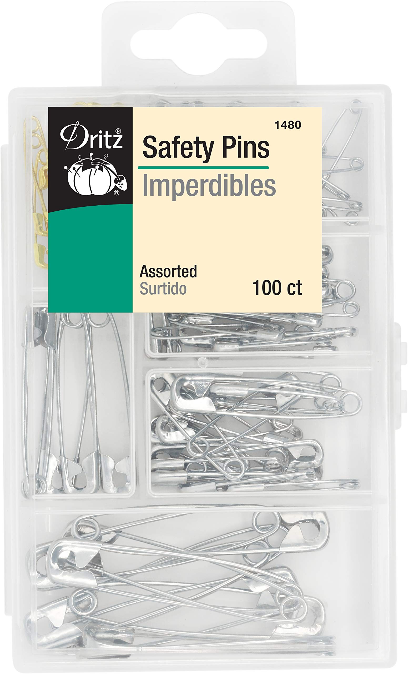 Dritz Safety Pins with Plastic Storage Box, Assorted-100 Count, Nickel Plated Steel & Brass, Assorted Sizes