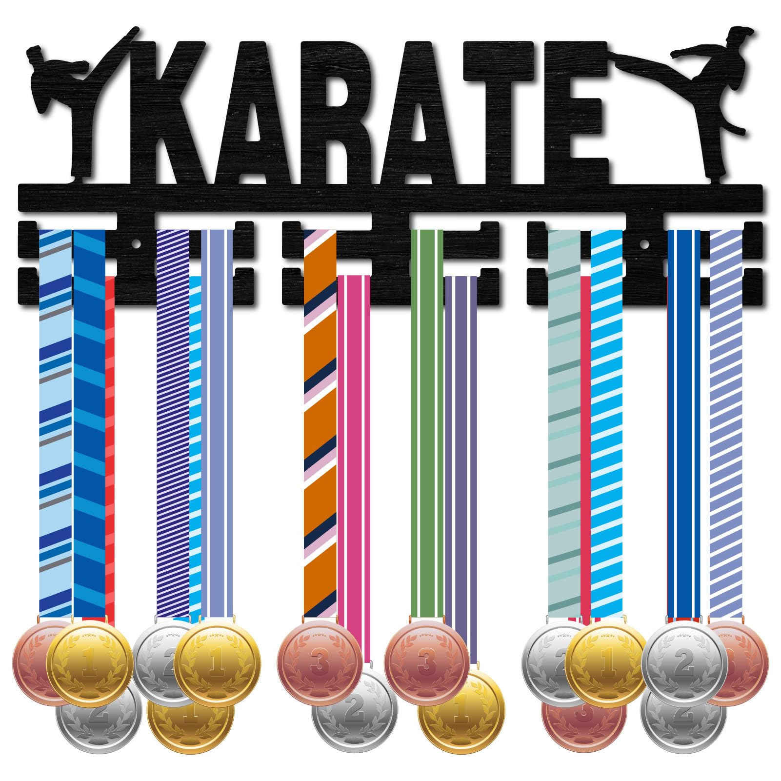 CREATCABIN Karate Medal Holder Display Hanger Medal Rack Wall Mount Frame Shelf Wooden Sports Medals Hanger Black Wall Decor Medal Organizer Rack Hanging for Over 40 Medals Ribbon 15.7 x 6Inch