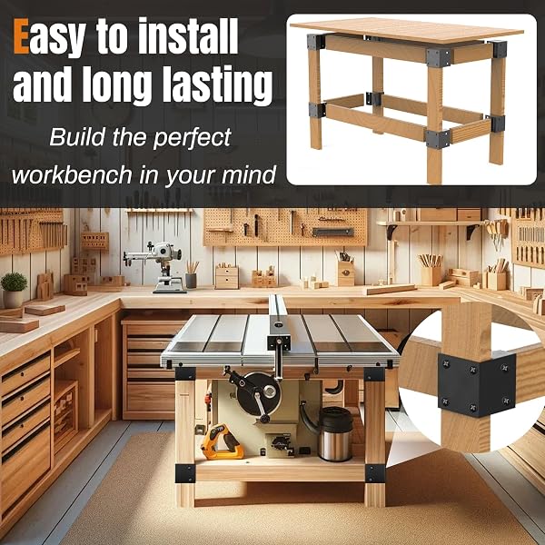 HEAVY DUTY WORKBENCH BRACKET KIT, 8 PCS WORKBENCH CORNER BRACKETS, 3-WAY RIGHT ANGLE CORNER FOR DIY WORK TABLE FOR 2X4 (ACTUAL 1.5″X3.5″) WOOD – BLACK