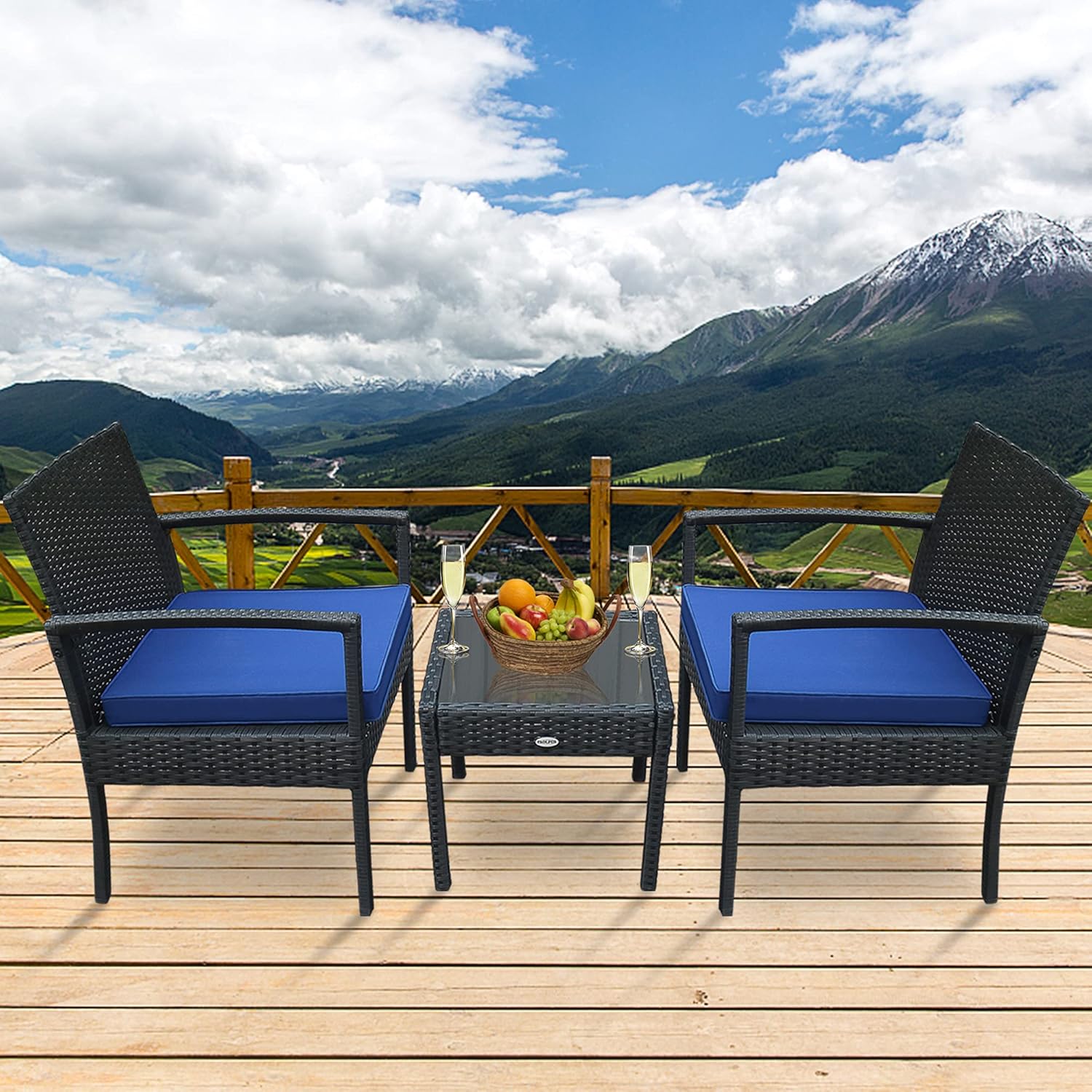 PAOLFOX 3 Pieces Patio Rattan Furniture Set,Outdoor Conversation Set w/Weather Resistant Cushions Tempered Glass Tabletop for Garden, Lawn Pool, Backyard, Poolside (Blue): Garden & Outdoor