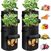 JJGoo 4 Pack Potato Grow Bags 10 Gallon with Flap, Heavy Duty Fabric with Handle and Harvest Window, Non-Woven Planter Pot Plant Garden Bags to Grow Vegetables Tomato, Black