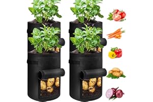 JJGoo 4 Pack Potato Grow Bags 10 Gallon with Flap, Heavy Duty Fabric with Handle and Harvest Window, Non-Woven Planter Pot Plant Garden Bags to Grow Vegetables Tomato, Black