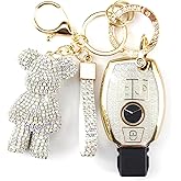 Rayslesan Cute Key Fob Cover with Rhinestone Bear Charm, Bling TPU Smart Key Case for Women, Compatible with Mercedes Benz C/C AMG, E/E AMG, R S G CL GLK ML Series (3-Button, Gold White)