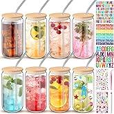 Yetene 8 Pcs 16 oz Plastic Cups with Lids and Straws Acrylic Mason Jars with Bamboo Lids Mason Jar tumblers with Sticker and Diamond for DIY Decorate Mugs Drinking for Water Beverage Beer (Clear)