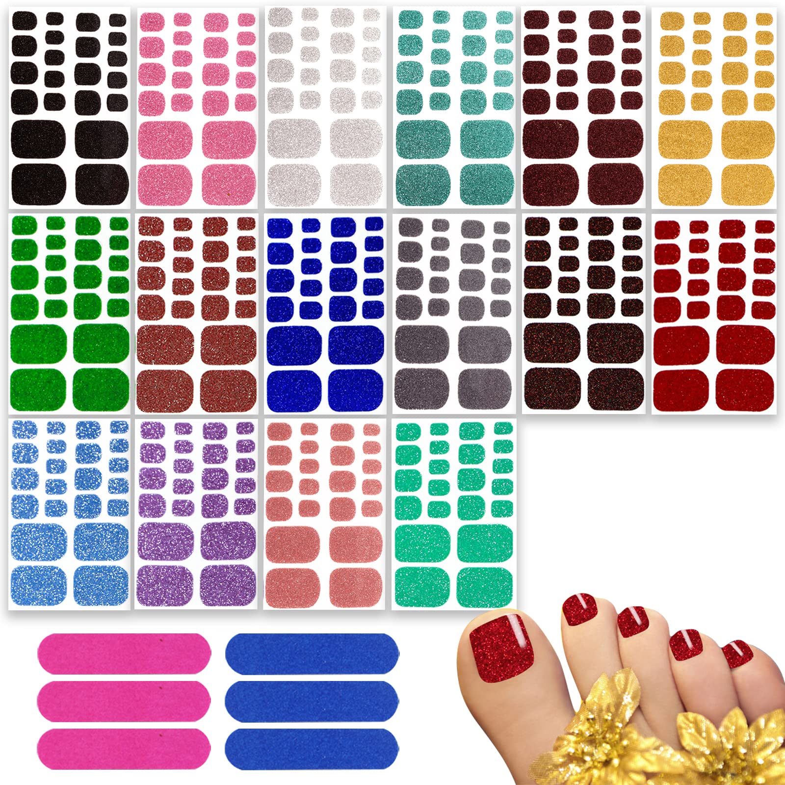 HOINCO 352 Piece 16 Sheet Full Toe Nail Stickers, Glitter Toe Nails Decals, Toenail Art Glitter Decals, with 6 Manicure Nail Tools